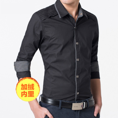 2019秋装新款时尚百搭休闲修身男士商务长袖衬衫加绒衬衣潮流男装衬衫811