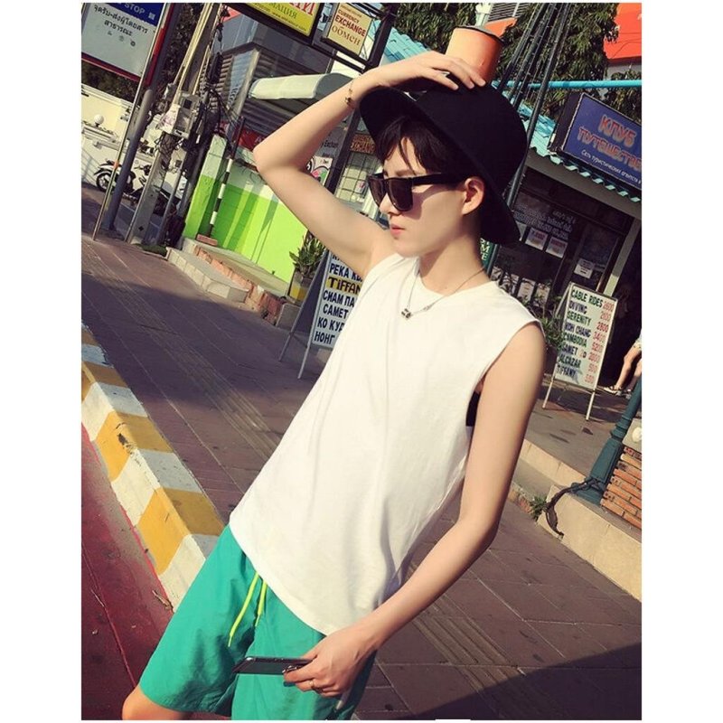 m2monline 纯色小清新无袖t恤衫 男修身韩版圆领打底