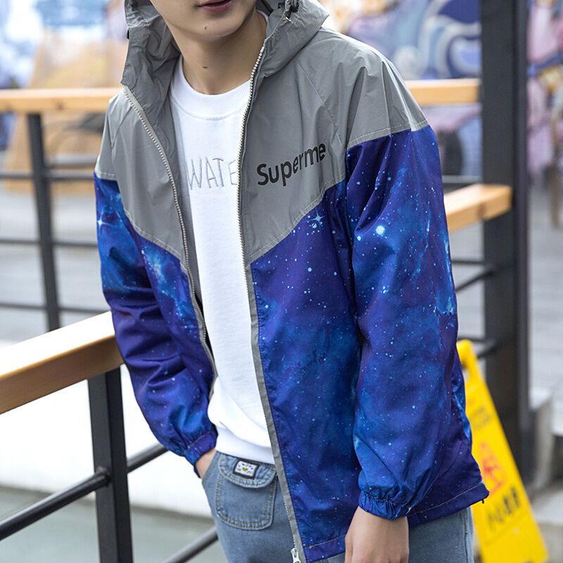 夹克男2018春夏防水反光衣男夹克韩版青少年荧光衣冲锋衣外套蓝色