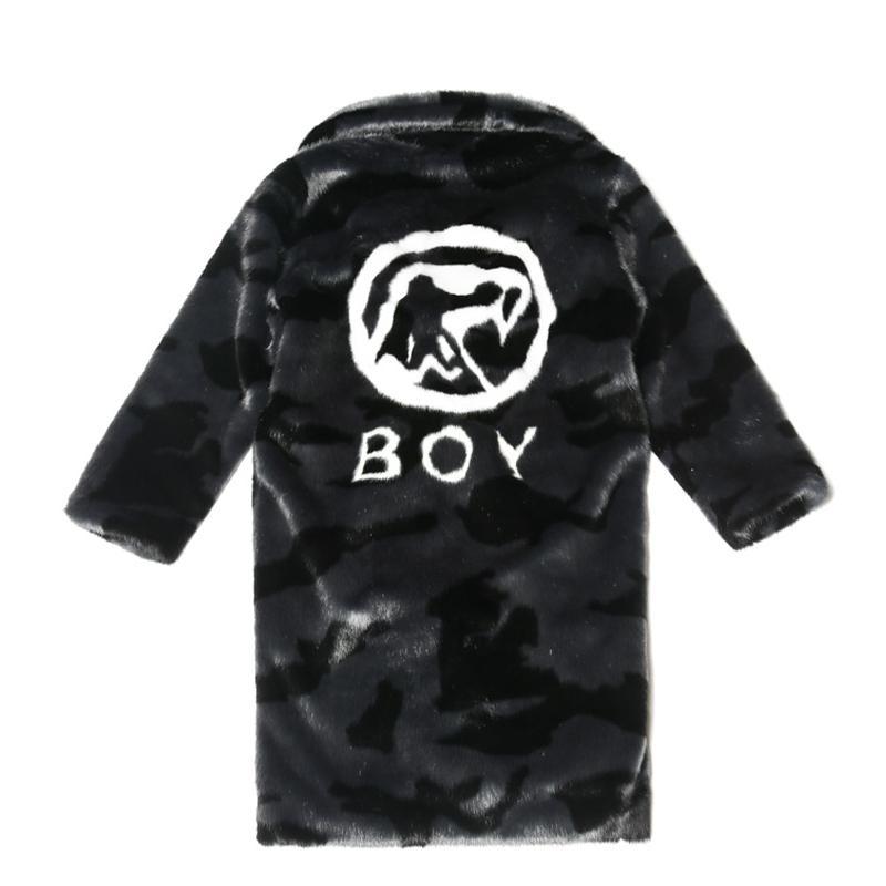 [boy london]秋冬季黑底豹纹后身logo印花加绒厚长外套男