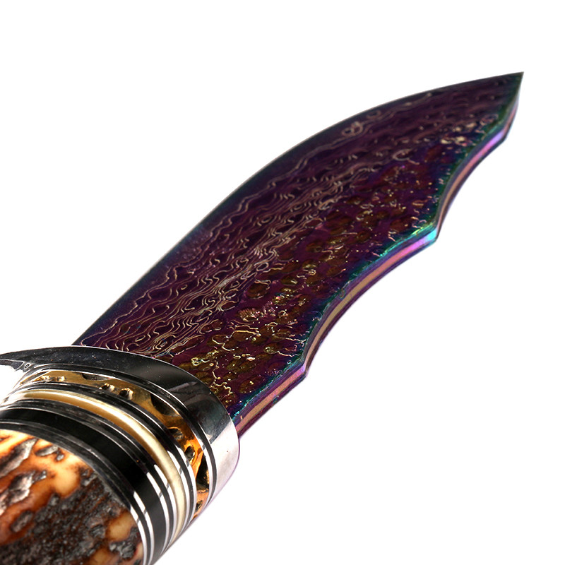 spike幻彩战士直刀大马士革花纹钢彩钛直刀老鹿角收藏直刀户外随身