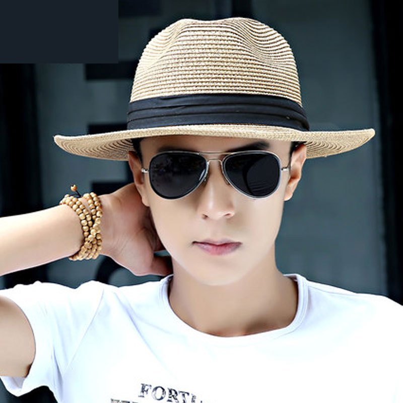 太阳帽大沿草帽钓鱼男士夏季沙滩帽男士百搭遮阳草帽夏季新款宽檐帽子