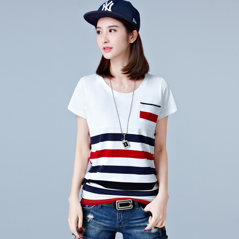 蔚缇2017夏装新款宽松短袖t恤女士条纹休闲圆领t恤大码女装