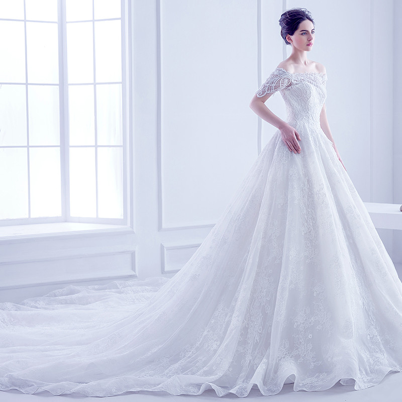 婚纱礼服2016新款一字肩蓬蓬裙婚纱拖尾珍珠公主优雅高华中袖大拖尾