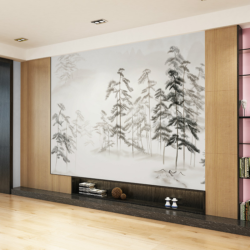 手绘电视背景墙壁画中式客厅壁纸水墨松树林沙发背景墙纸定制墙布