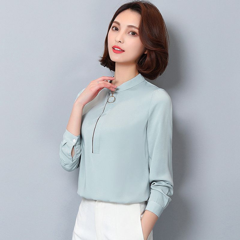 纵酷2017春季新款女士雪纺衫 韩版简约纯色宽松休闲显瘦气质立领职业