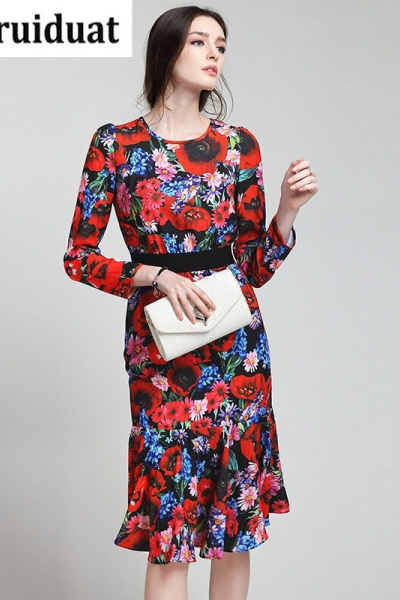 eosciy/Kruidvat2017春季新款欧美女装红色印花长袖荷叶边雪纺连衣裙欧洲站女