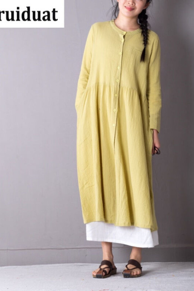 Kruidvat2017春季长袖棉麻连衣裙女森系显瘦亚麻女装长裙B030白色均码