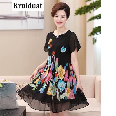 Kruidvat2017夏装新款中年女士宽松大码真丝连衣裙妈妈装圆领短袖大摆裙M024