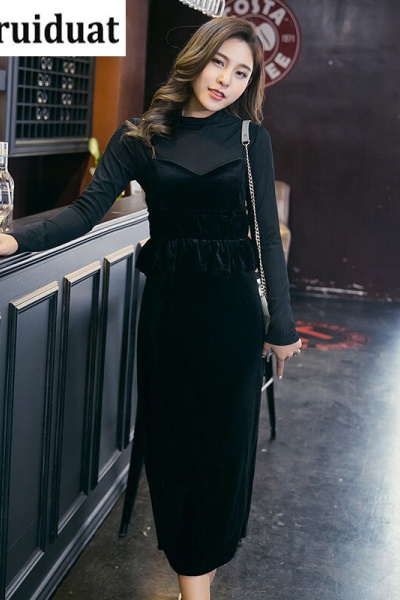 Kruidvat2017新款女春长袖吊带上衣+金丝绒中长款连衣裙两件套B090黑色