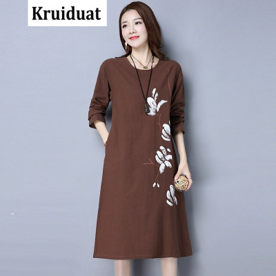 Kruidvat2017春季新款韩版女装连衣裙长袖棉麻印花宽松大码女裙NWZC