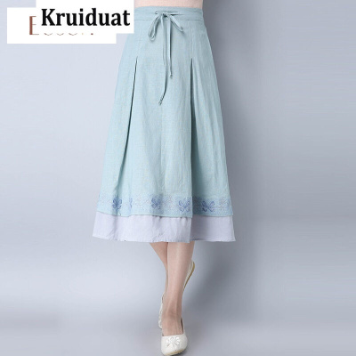 Kruidvat春夏新款民族风女装拼接棉麻文艺清新刺绣a字裙B015