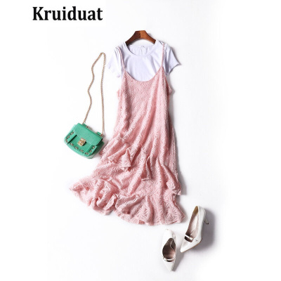 Kruidvat蕾丝2017欧美夏季新款白T水溶花蕾丝吊带裙时尚套装两件套B074