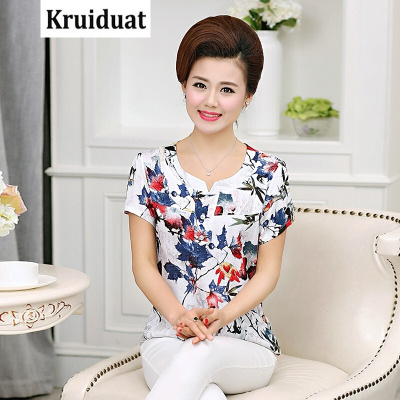 Kruidvat2017时尚新款中老年人女夏装棉麻短袖花色V领上衣