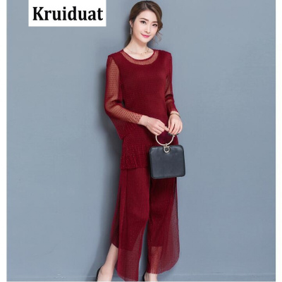 Kruidvat2017新款女装百褶七分袖上衣时尚阔腿裤两件套Z013红色均码
