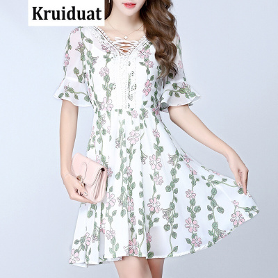 Kruidvat2017夏季新款女装时尚v领喇叭袖百褶裙子两件装M029白色