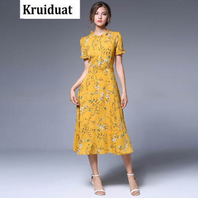 Kruidvat2017夏季新款雪纺连体收腰长款印花连衣裙ZY黄色