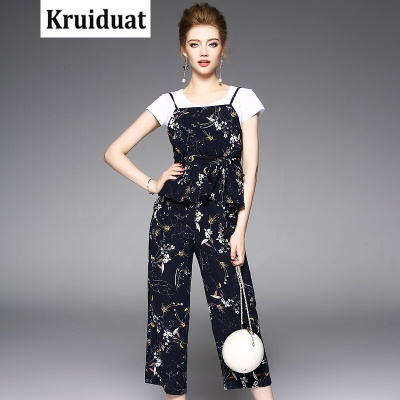 Kruidvat2017夏季新款欧美时尚印花吊带上衣+白色T+阔腿裤三件套