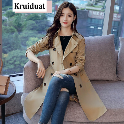 奈琴尔2017韩版女装秋季新款修身休闲大码长款风衣 卡其色 XL