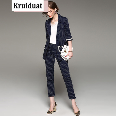 奈琴尔2017秋装新款气质女装通勤OL条纹中袖小西装两件套蓝色