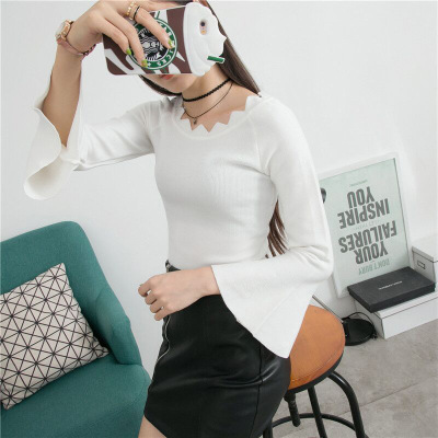 锦满园2016秋冬季女欧美波浪边喇叭长袖一字领修身时尚百搭必备打底针织衫女7200