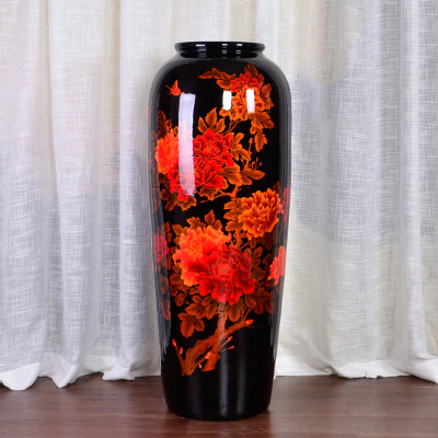 瓷物语陶瓷落地大花瓶摆件客厅插花干花现代简约大号玄关装饰欧式黑色水晶釉大号