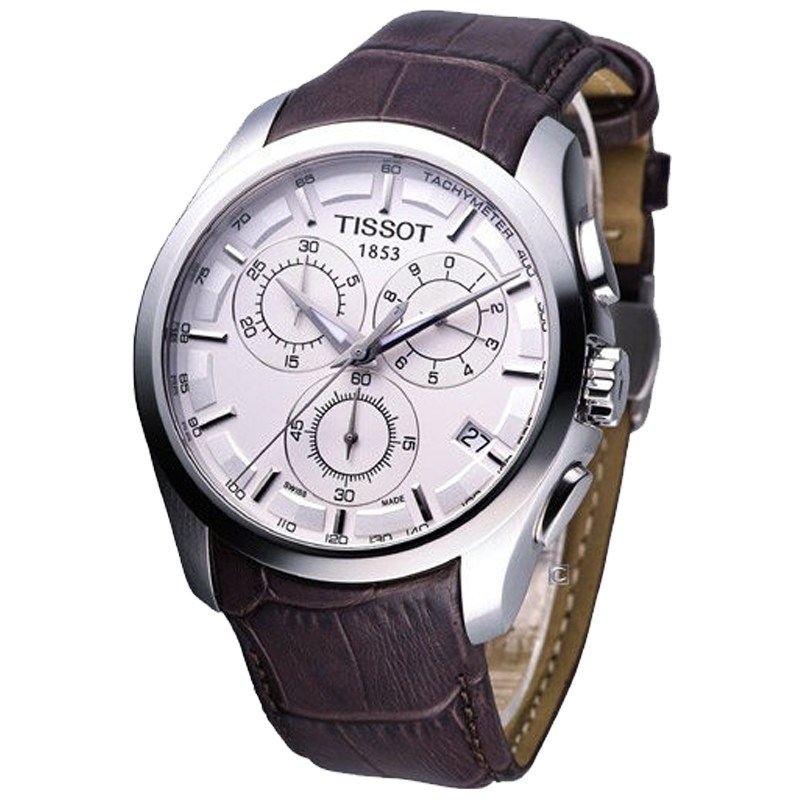 天梭tissot酷图系列真皮男士三眼计时石英男表t035.617.16.031.00