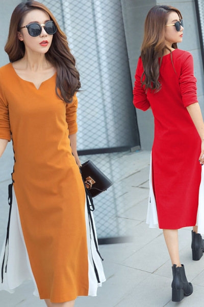 莞馨(wanxin)2016秋季新款长袖圆领修身长裙仙女韩国雪纺拼接不规则裙摆连衣裙