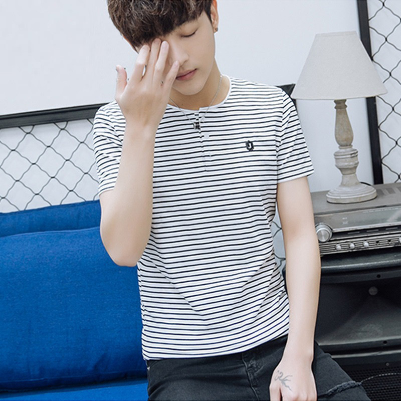 江南哥 短袖t恤男 2017夏装新款时尚修身条纹t恤男士休闲百搭大码上衣