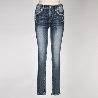 graceinla春夏复古时尚百搭牛仔裤女棉修身中腰绣花小脚长裤显...