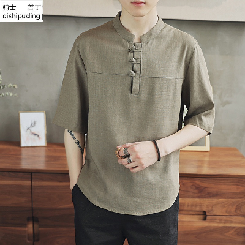 骑士普丁中国风棉麻T恤男装中式短袖麻料盘扣