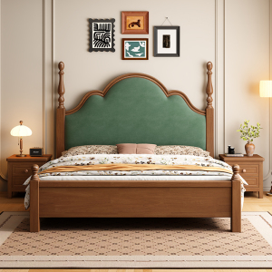 法式复古实木床美式民宿中古风简约艺术风1.8m双人主卧软靠大床