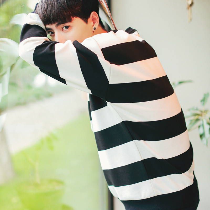 vanledmvxz秋装新款男士条纹小清新圆领宽松卫衣男款滑肩长袖卫衣外套