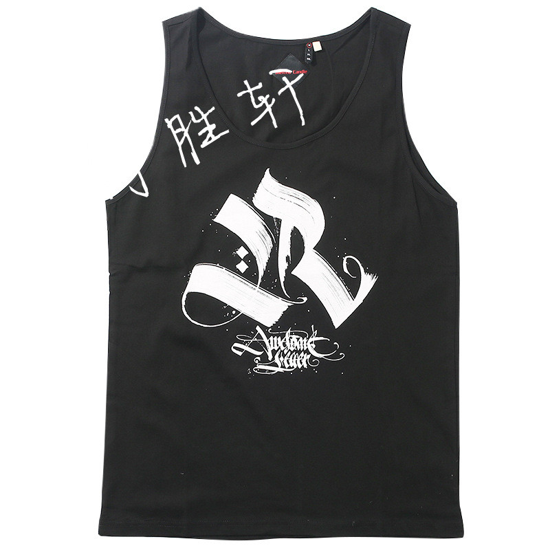 原创夏季日系复古英文印花背心男士修身打底汗衫休闲圆领无袖t恤