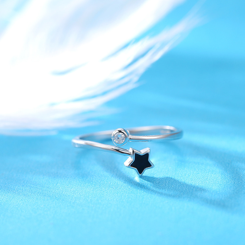 s925银星星戒指女时尚潮人指环开口小指食指尾戒带钻流行饰品送女朋友