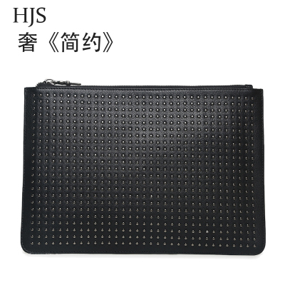 赫泽琼斯HEZZJONES头层牛皮男士韩版手抓包真皮铆钉潮男包A4文件包商务休闲大容量软皮手拿包黑色