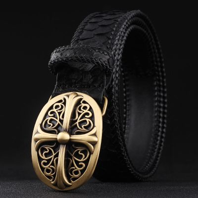 赫泽琼斯HEZZJONES克罗心皮带进口编织蟒蛇皮腰带原创复古纯铜扣皮带青年百搭休闲裤腰带潮男发型师夜店皮带黑色