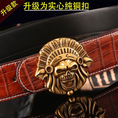 赫泽琼斯HEZZJONS皮带男青年时尚百搭个性裤腰带男士骷髅头纯铜扣皮带牛皮牛仔裤潮流腰带棕色+金扣