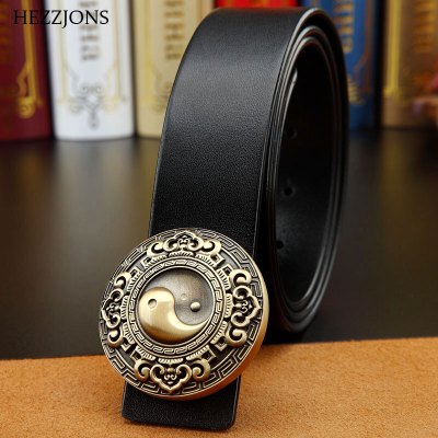 赫泽琼斯HEZZJONS乾坤八卦铜扣皮带男韩版百搭简约潮人真皮腰带青年纯牛皮无夹层牛仔裤带黑色