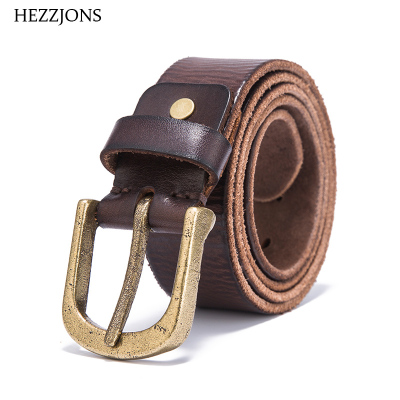 赫泽琼斯HEZZJONS原创手工纯铜扣牛仔裤皮带男款裤腰带男士皮带真皮休闲牛皮复古针扣腰带棕色