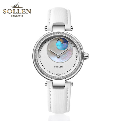 梭伦(SOLLEN)手表女自动机械女表时尚潮防水镶钻韩版白色简约腕表SL410