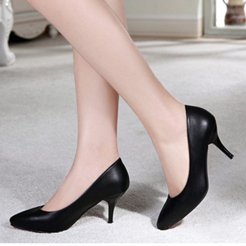 新款2017春秋款尖头高跟鞋中跟黑色百搭皮鞋优雅职业单鞋女正装工作鞋