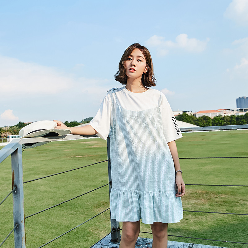 新款清仓 夏季韩版女学生短袖显瘦假两件荷叶边小清新连衣裙短裙 l062