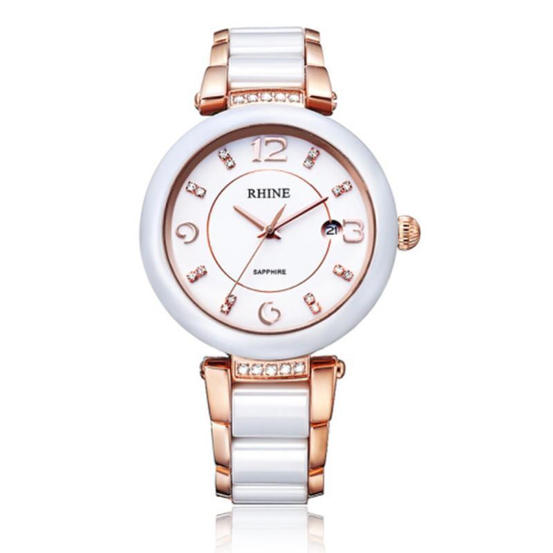 自营rhine莱茵 手表陶瓷石英女表时尚个性女款腕表防水陶瓷女式石英表