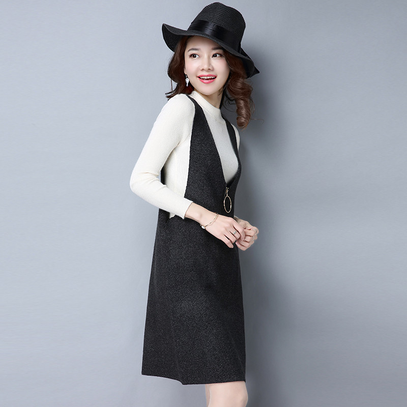 春季新款马夹中长款韩版女针织背带裙学院风大v领少女马甲背心裙
