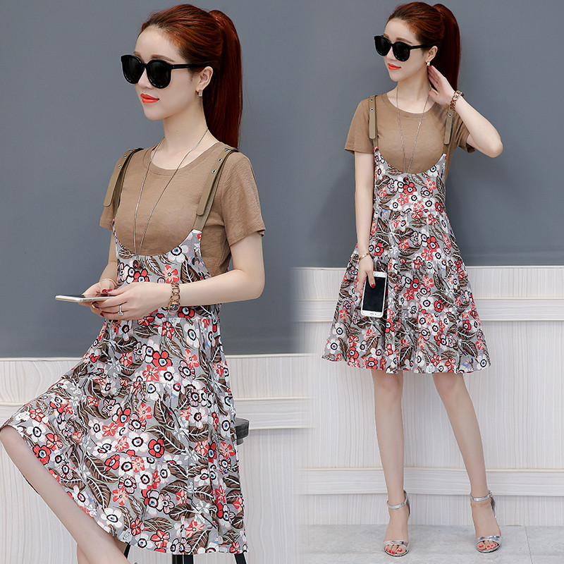 两件套背带印花连衣裙2017夏季新款韩版气质短袖t恤时尚女装夏装