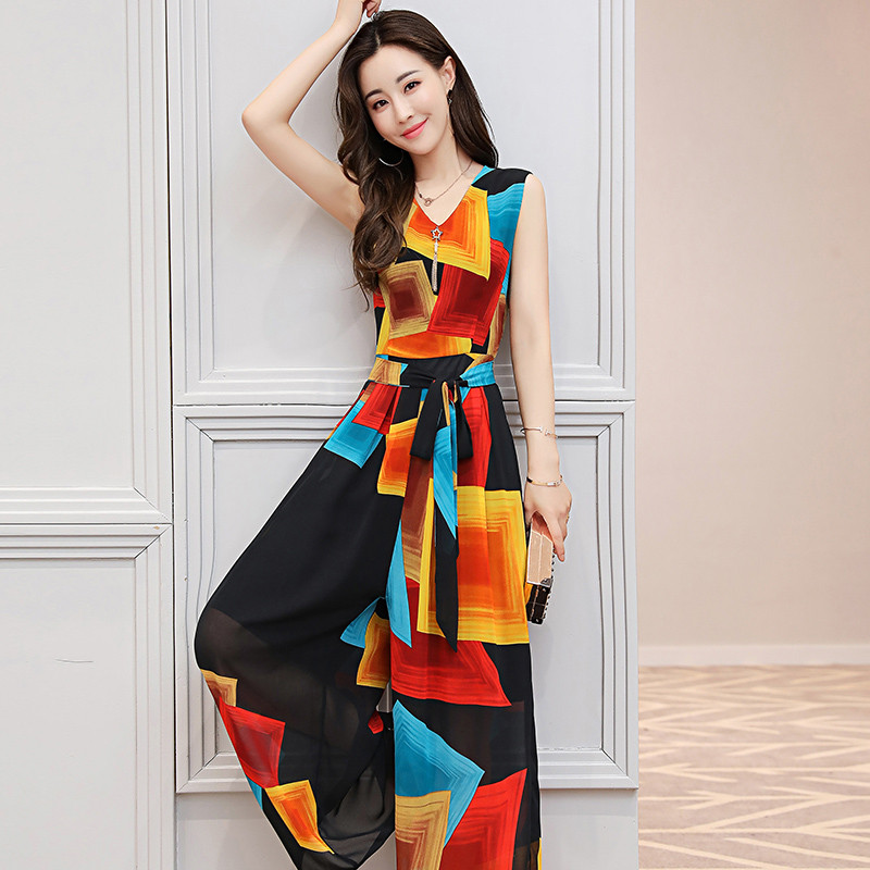 名媛2017夏装新款女装坊潮印花雪纺连体裤子小香风连衣裙裤