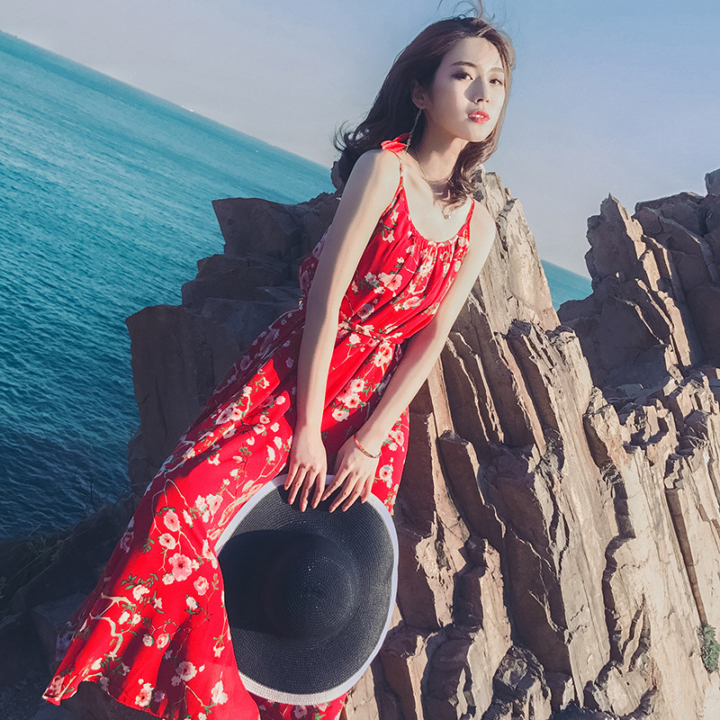 夏季吊带长裙露背无袖碎花雪纺连衣裙波西米亚长裙海边度假沙滩裙