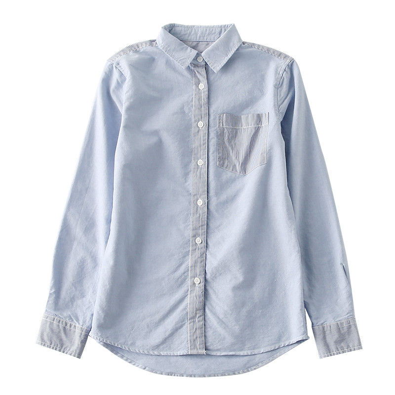 13538 柔软具筋骨棉质 海军风条纹 口袋棉质长袖衬衫