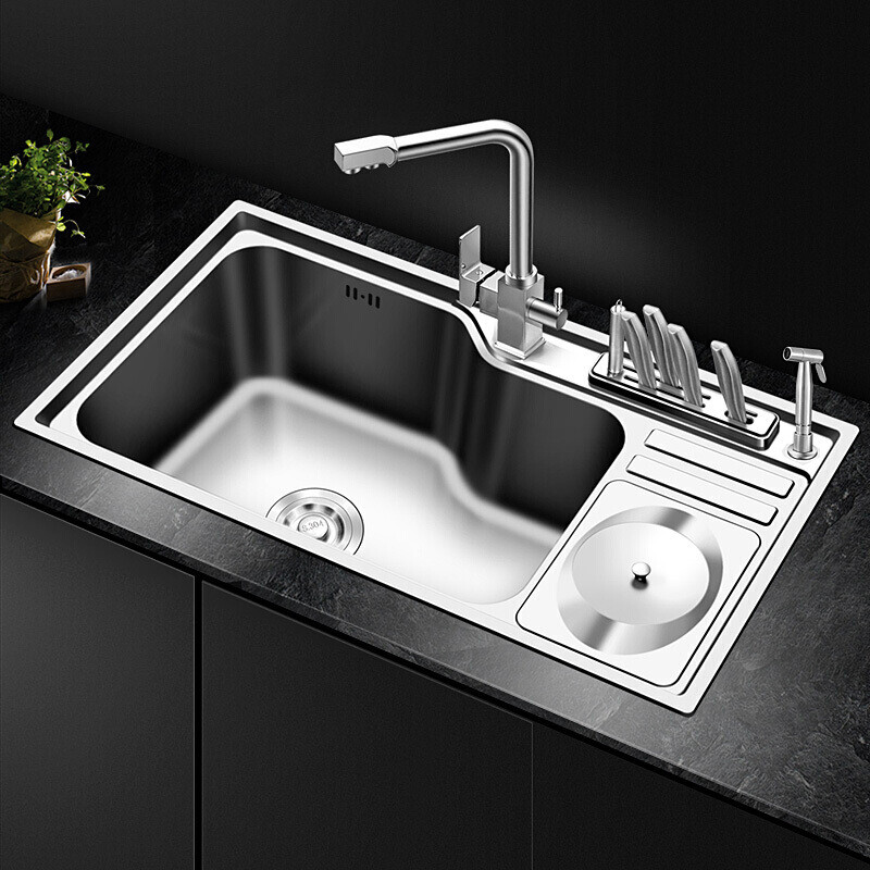 拉丝大单槽套餐 304不锈钢水盆单槽带垃圾桶刀架水槽